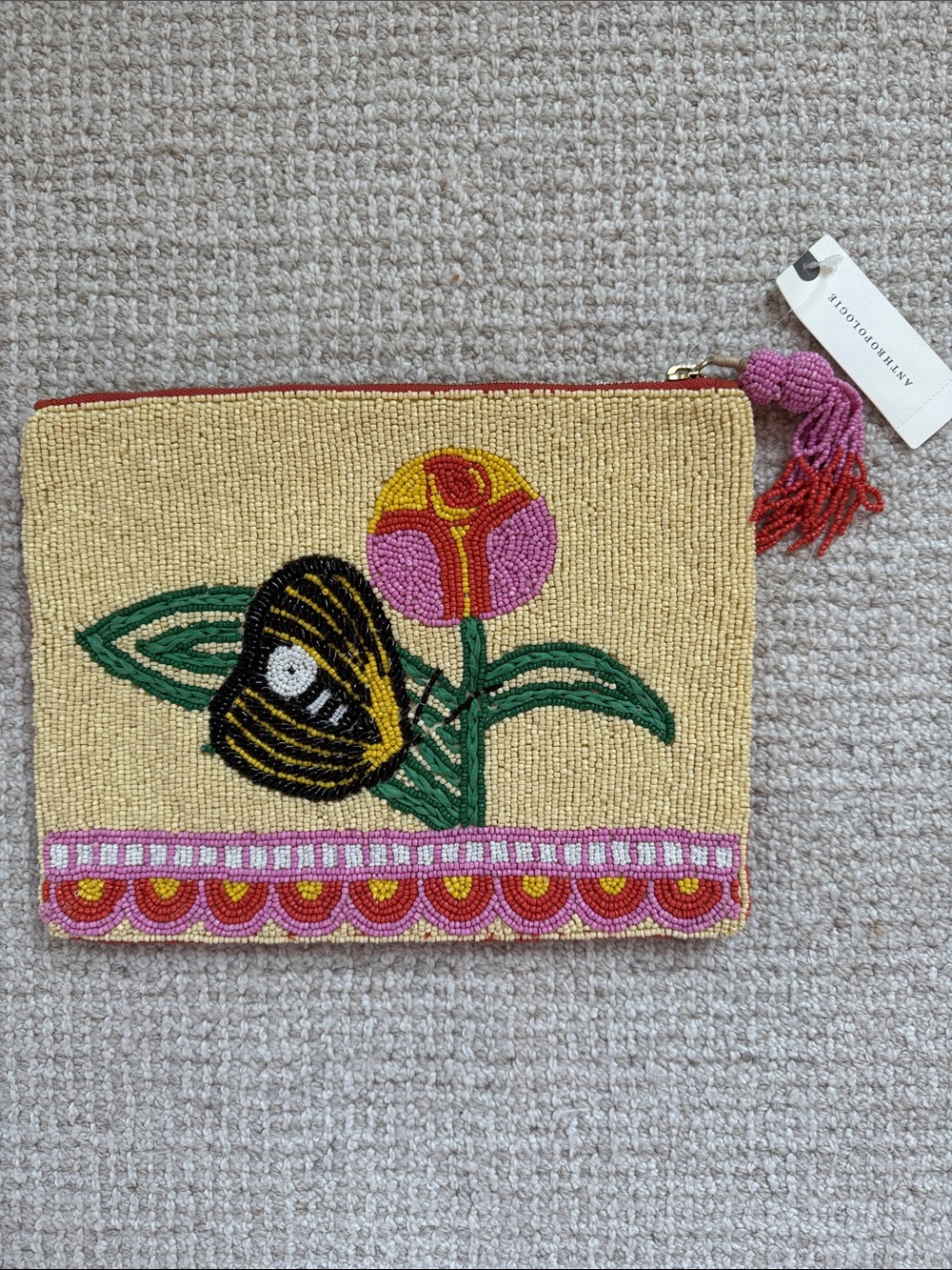 New Anthropologie Beaded Reversible Floral Clutch Pouch in Cream and Pink